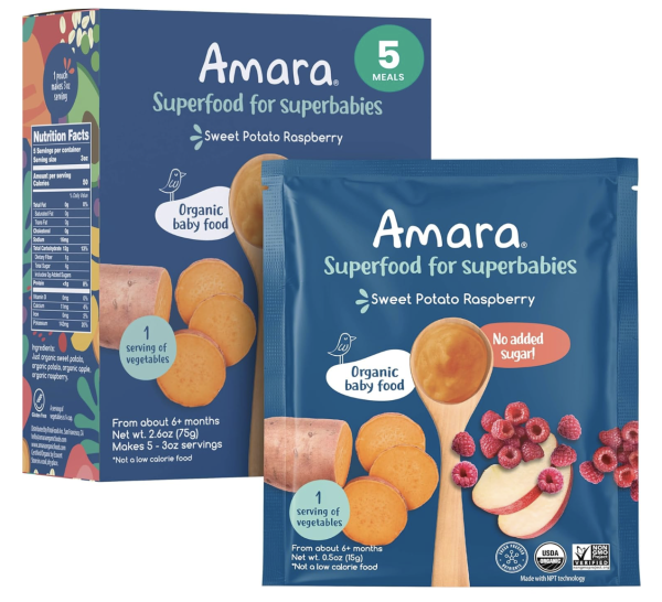 Amara Organic Baby Food - Stage 2 - Sweet Potato Raspberry - Baby Cereal to Mix W/Breastmilk, Water or Baby Formula - Shelf Stable Baby Food W/Organic Fruit and Veggies - 5 Pouches 3.5oz Per Serving